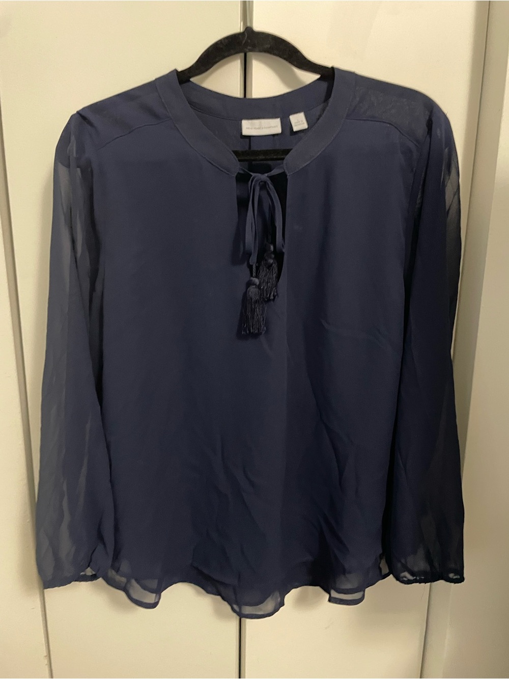 New York & Company Navy Tassel Tie Long-Sleeve Blouse